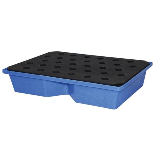 Petit bac PE avec caillebotis PE amovible, capacité de rétention 43 litres.