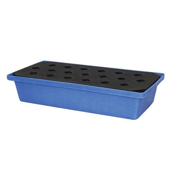 Petit bac PE avec caillebotis PE amovible, capacité de rétention 30 litres.