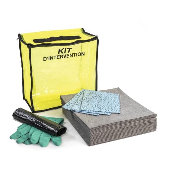 Kit d'intervention pour tous liquides, capacité d'absorption 10 litres. Contenan