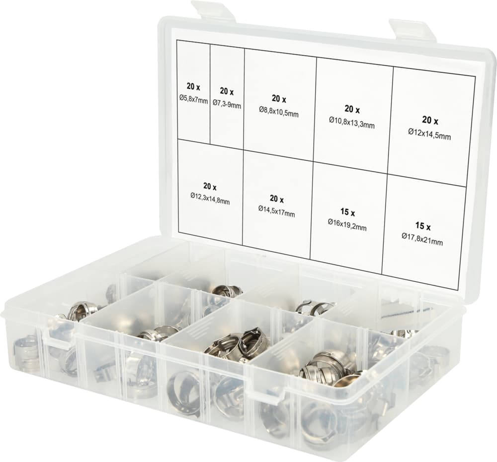 Assortiment de colliers de serrage à oreilles, DIM 5,8-21mm, 170 pièces