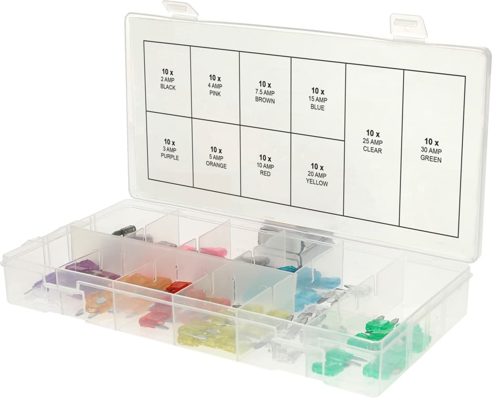 Assortiment de mini-fusibles 2-30A, 100 pcs