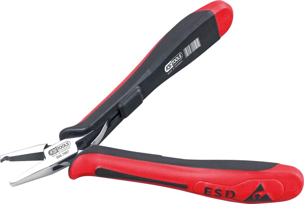 Pince ESD coupante frontale avec becs courts finement biseautés. 120 mm