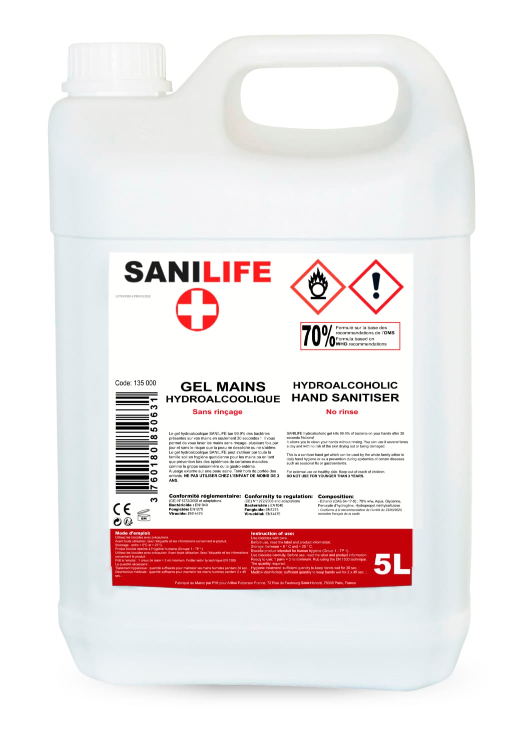 Gel hydroalcoolique, 5L