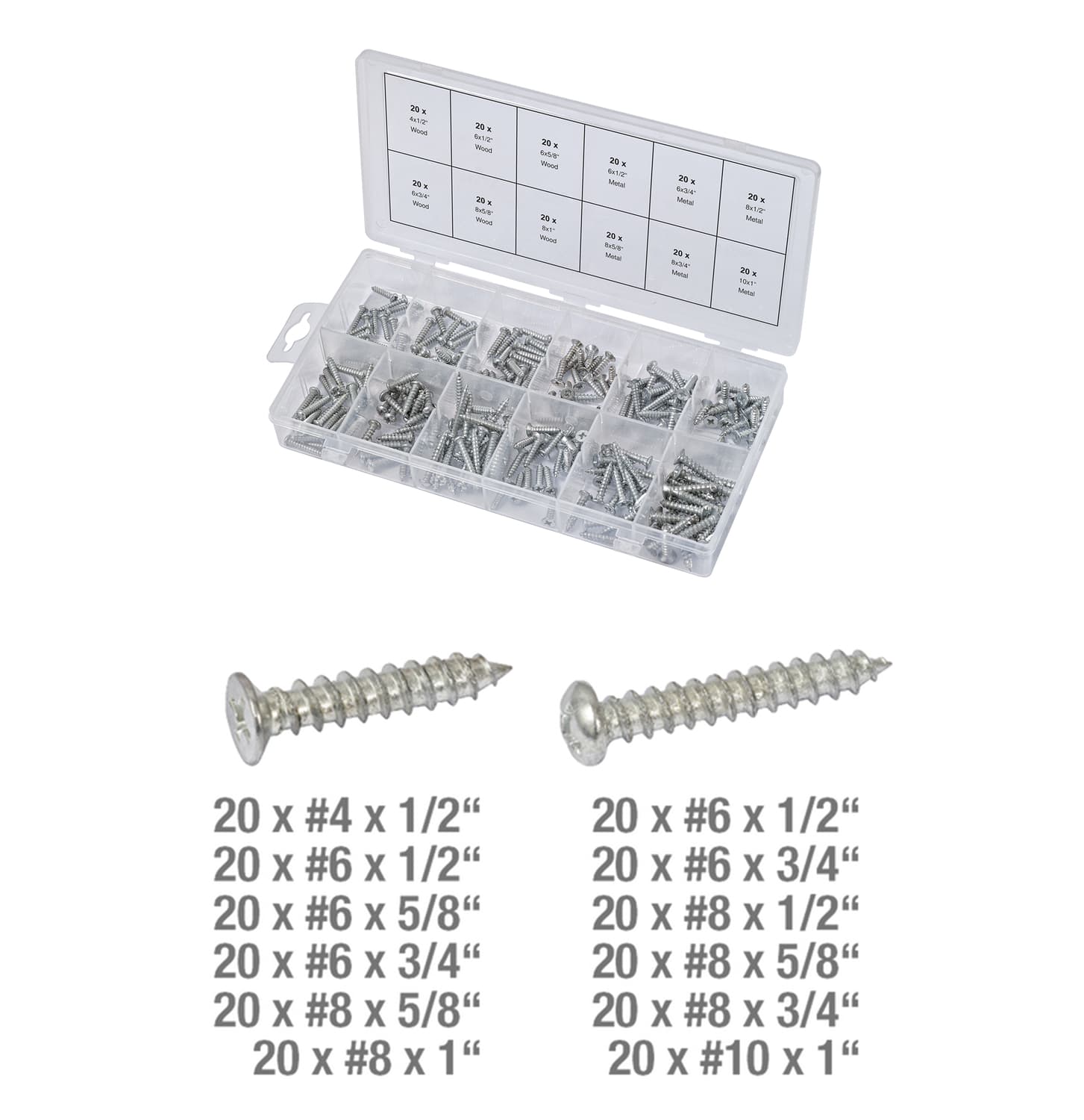 Assortiment de vis auto-taraudeuses métal et bois. 240 pcs