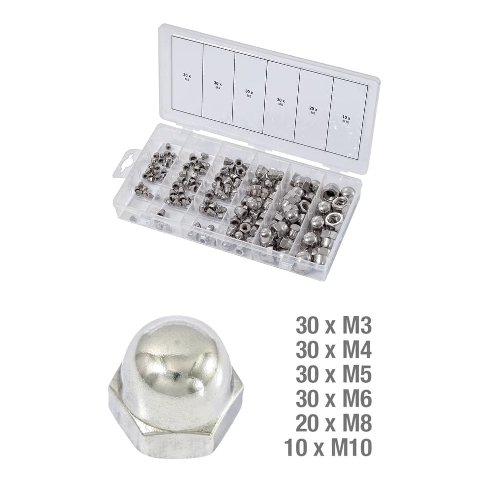 Assortiment d'écrous borgnes en inox. 150 pcs