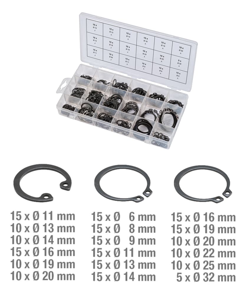 Assortiment de circlips internes et externes. 225 pcs