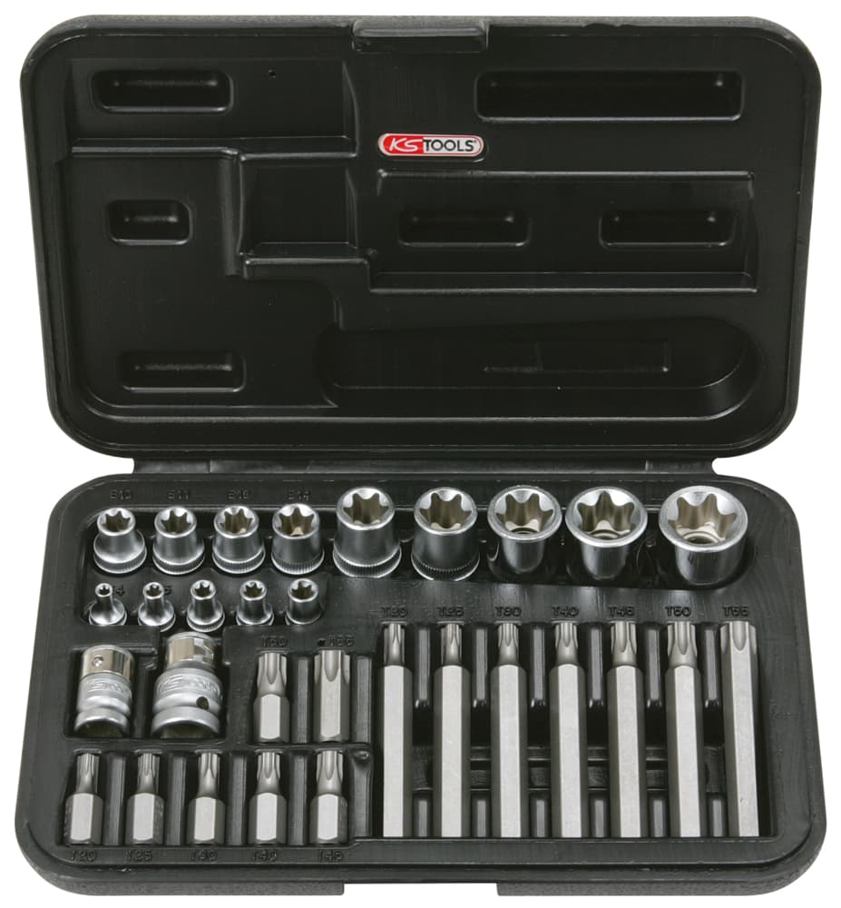 Coffret de douilles et douilles tournevis TORX® percé. 1-4'' - 3-8'' - 1-2''. 30