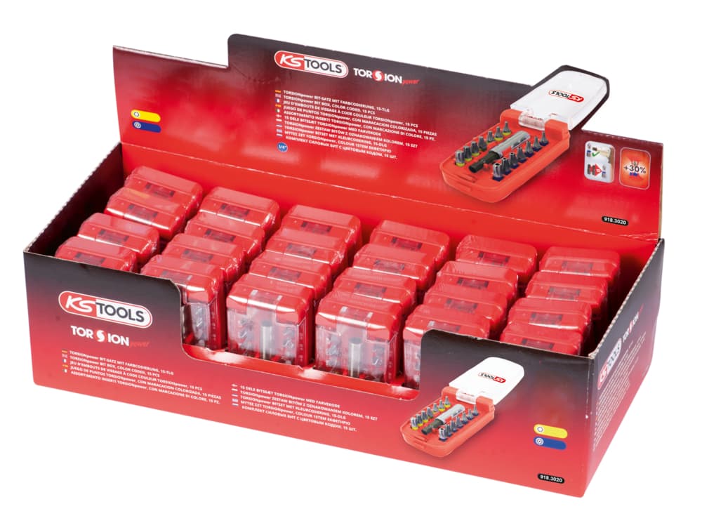 Présentoir de 24 jeux d'embouts de vissage TORX- TX percé à code couleur TORSION
