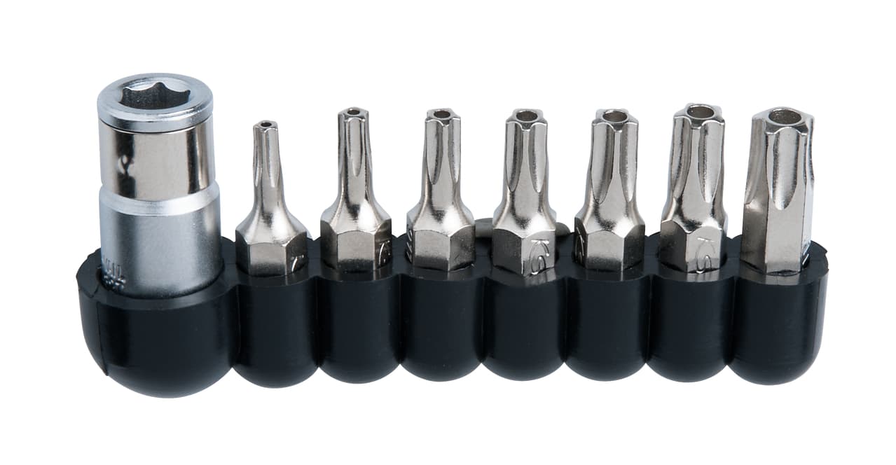 Jeu d'embouts de vissage TORX percé 5 pans 1-4''. 8 pièces