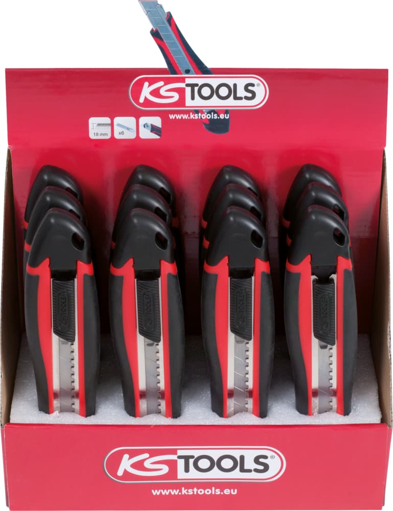 Présentoir de 12 cutters universels à lame sécable, magasin de 6 lames - 18 mm