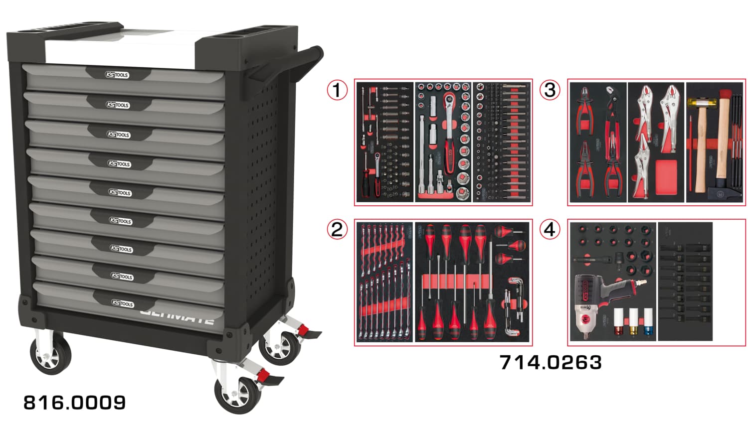 Servante ULTIMATE grise et noire 9 tiroirs équipée de 263 outils