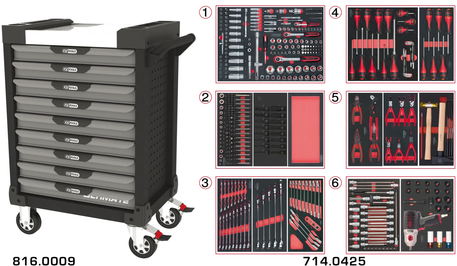 Servante ULTIMATE grise et noire 9 tiroirs équipée de 429 outils