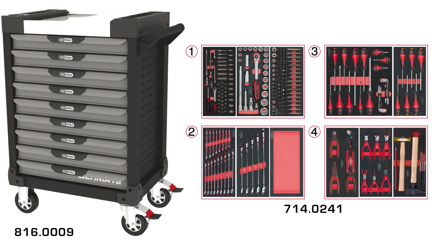 Servante ULTIMATE grise et noire 9 tiroirs équipée de 241 outils