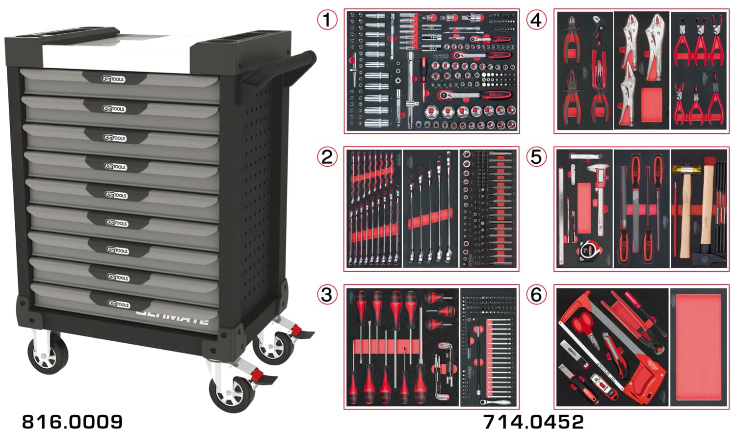 Servante ULTIMATE grise et noire 9 tiroirs équipée de 455 outils