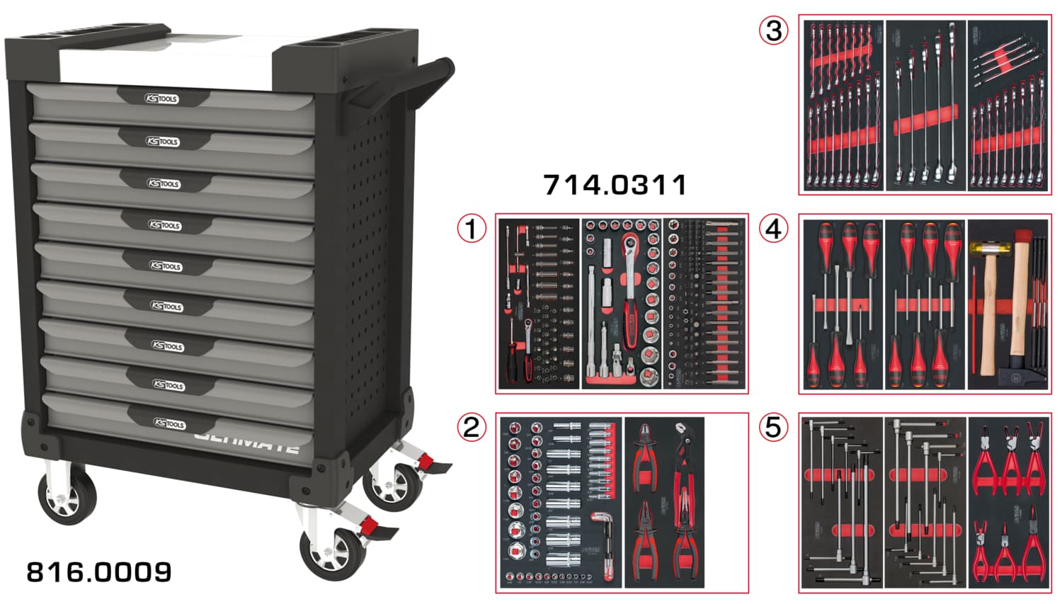 Servante ULTIMATE grise et noire 9 tiroirs équipée de 311 outils