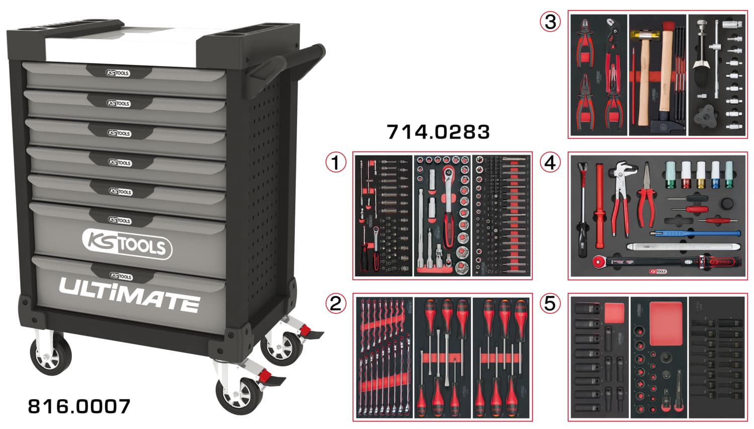 Servante ULTIMATE grise et noire 7 tiroirs équipée de 283 outils