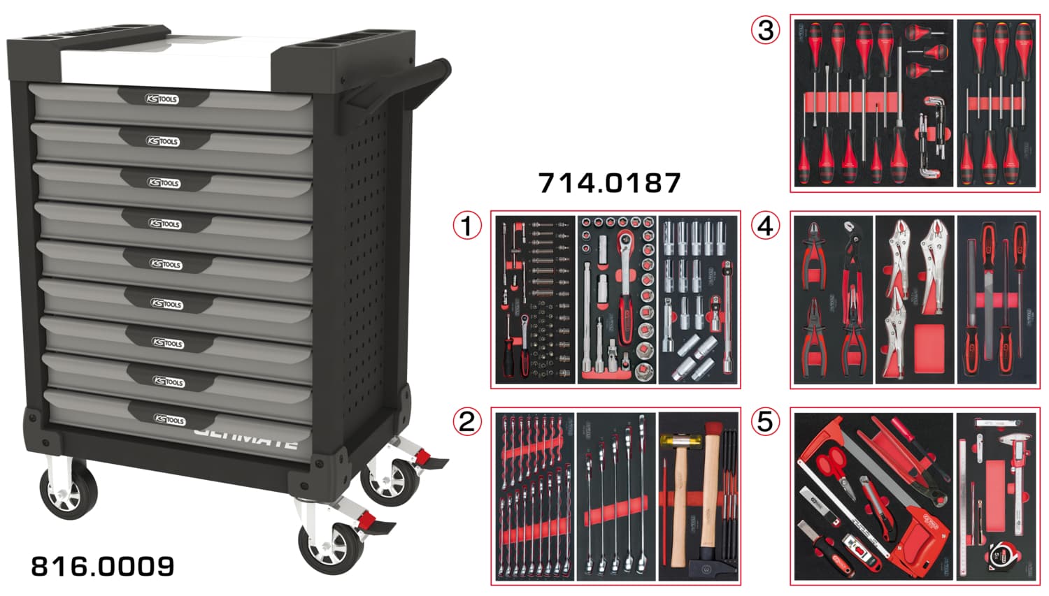 Servante ULTIMATE grise et noire 9 tiroirs équipée de 187 outils