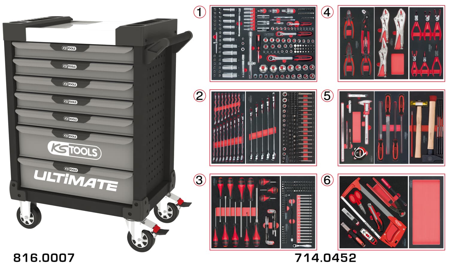 Servante ULTIMATE grise et noire 7 tiroirs équipée de 455 outils