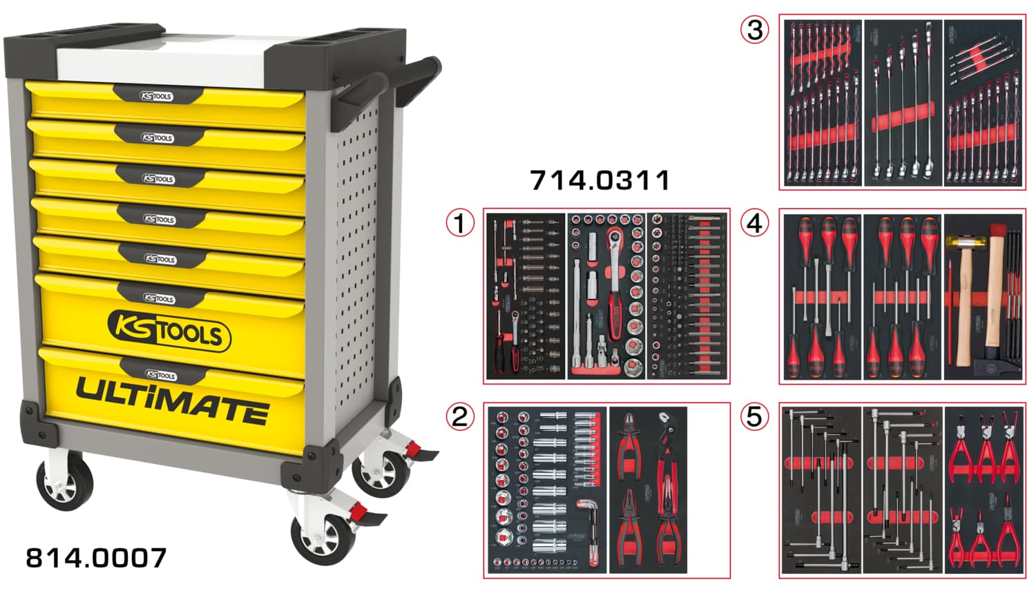 Servante ULTIMATE grise et jaune 7 tiroirs équipée de 311 outils