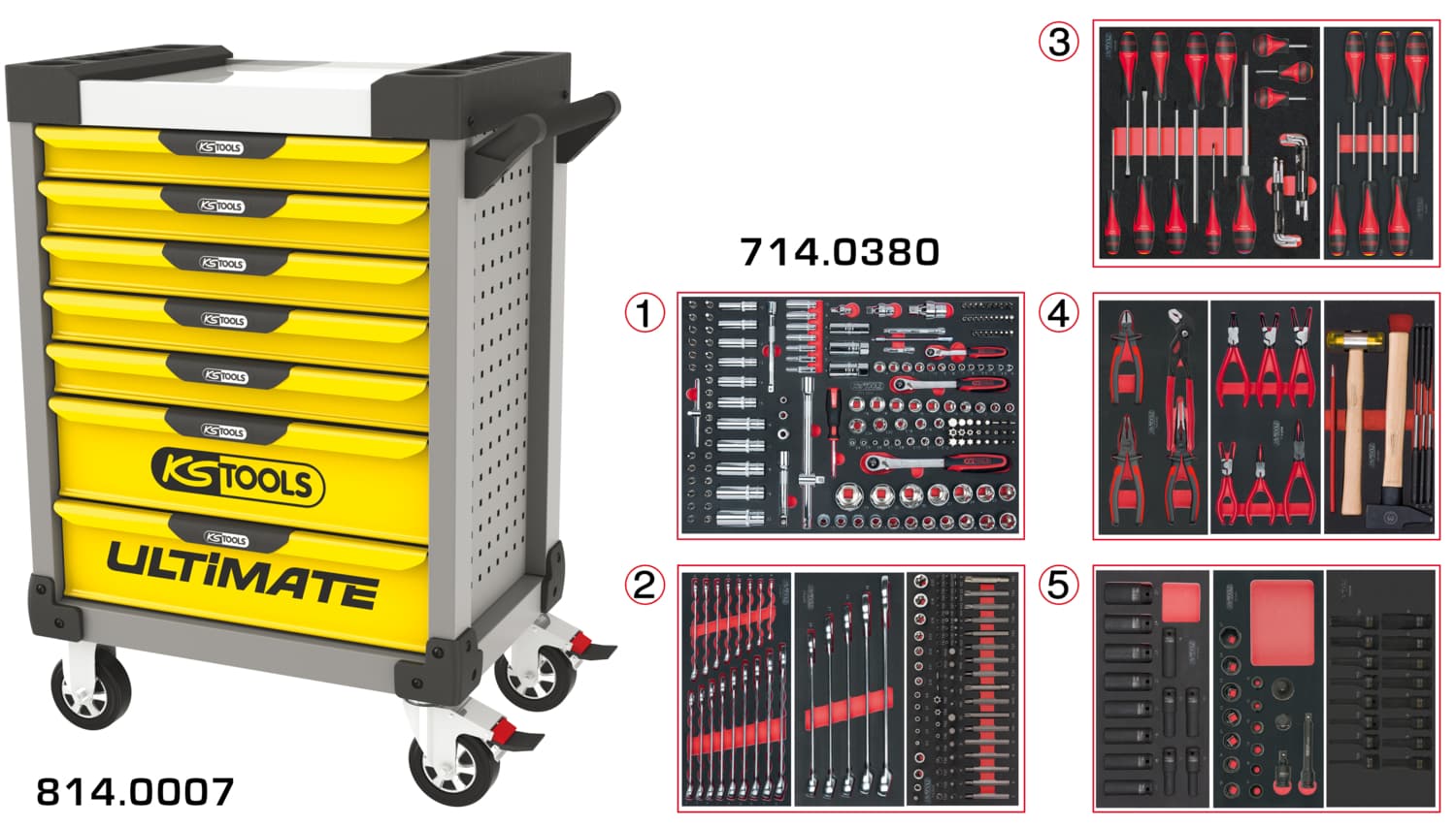 Servante ULTIMATE grise et jaune 7 tiroirs équipée de 384 outils