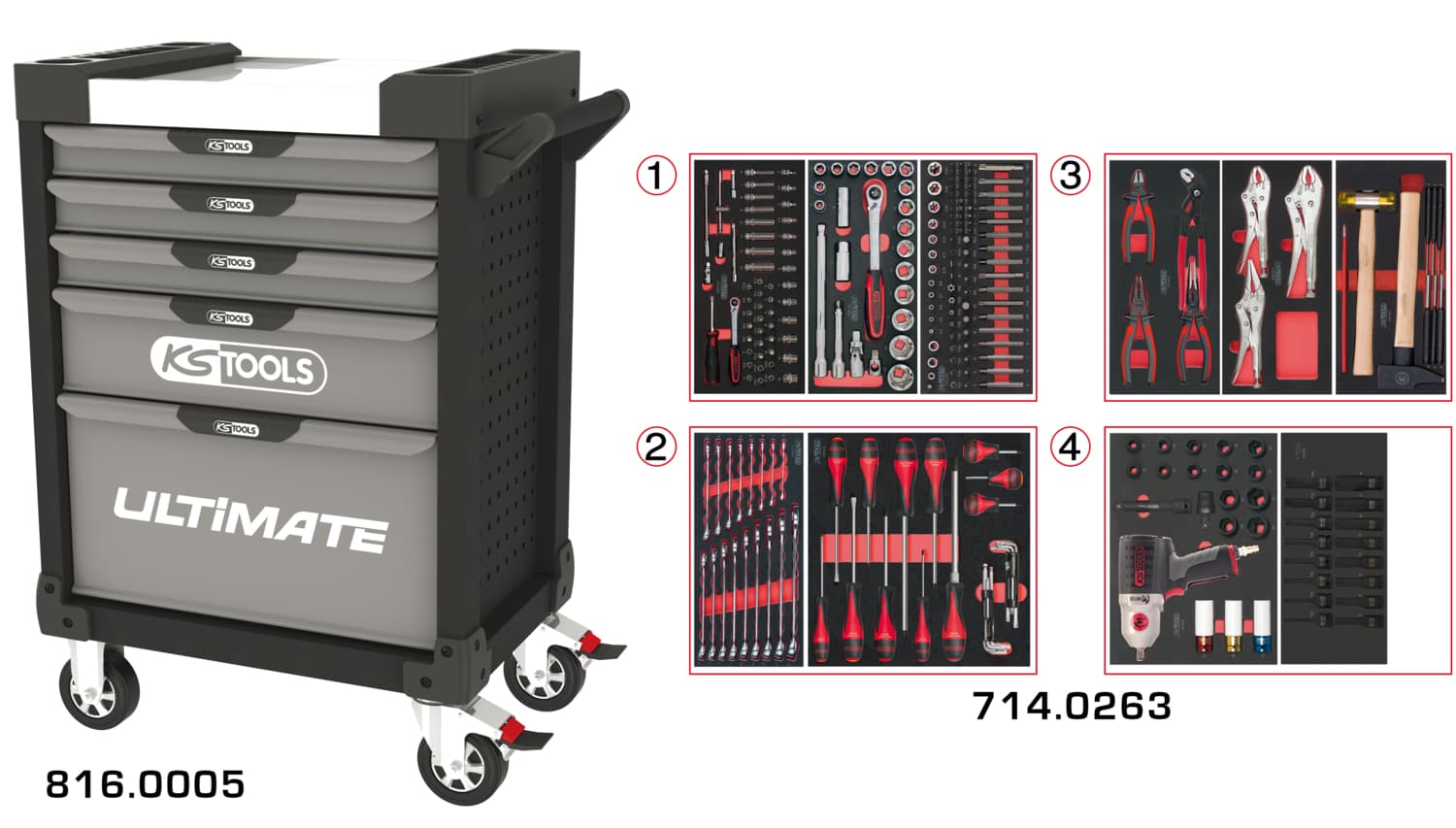 Servante ULTIMATE grise et noire 5 tiroirs équipée de 263 outils