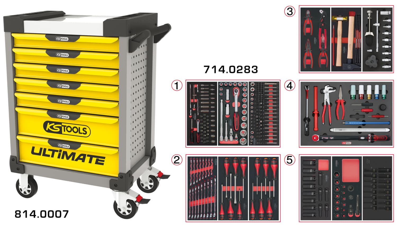 Servante ULTIMATE grise et jaune 7 tiroirs équipée de 283 outils