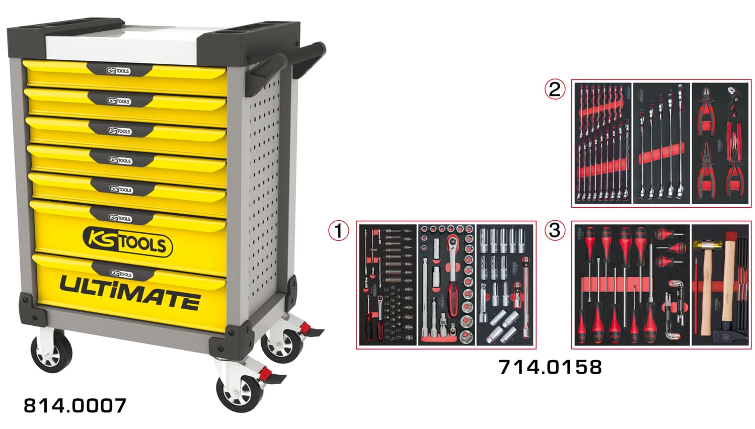Servante ULTIMATE grise et jaune 7 tiroirs équipée de 158 outils