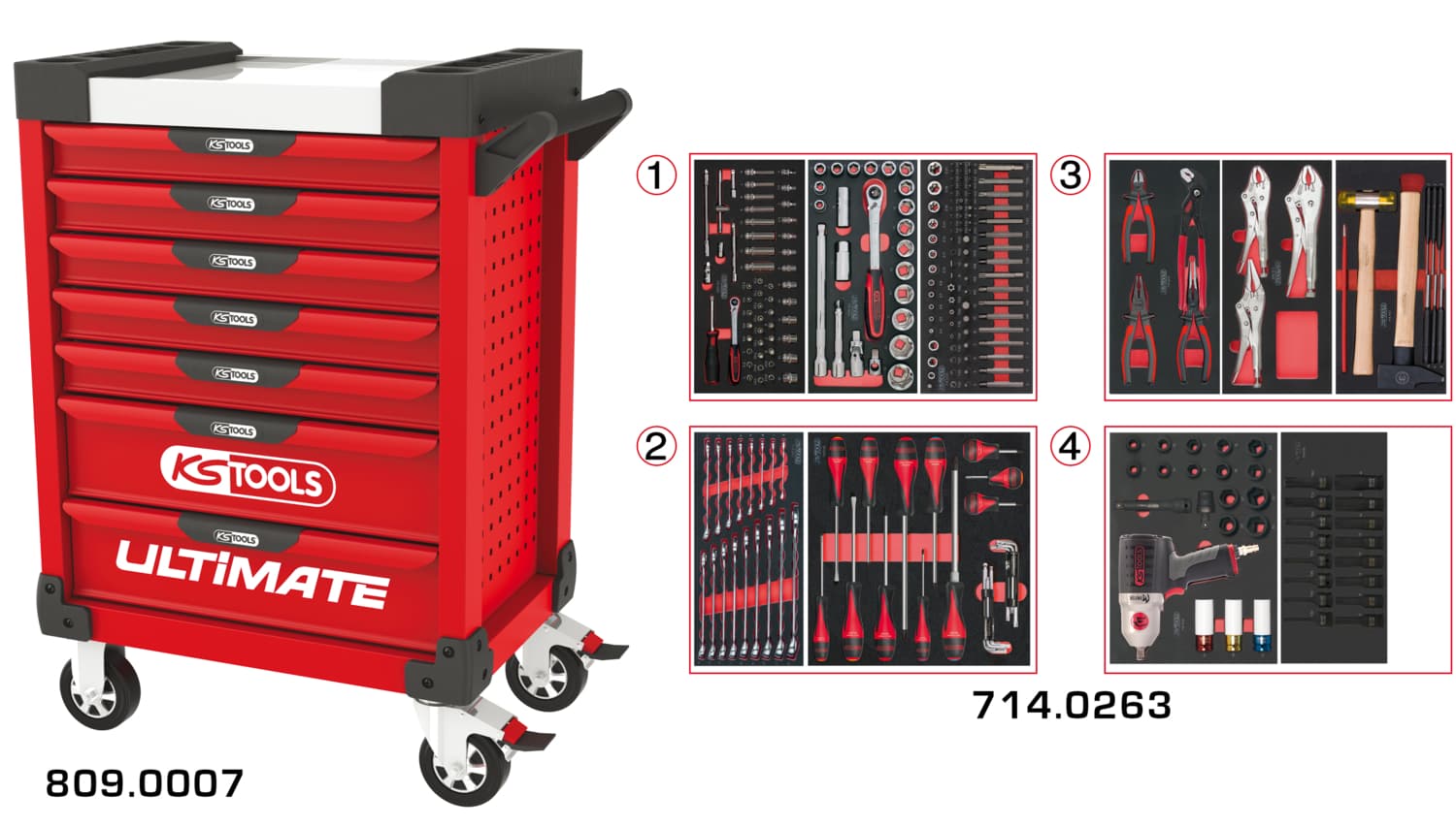 Servante ULTIMATE rouge 7 tiroirs équipée de 263 outils