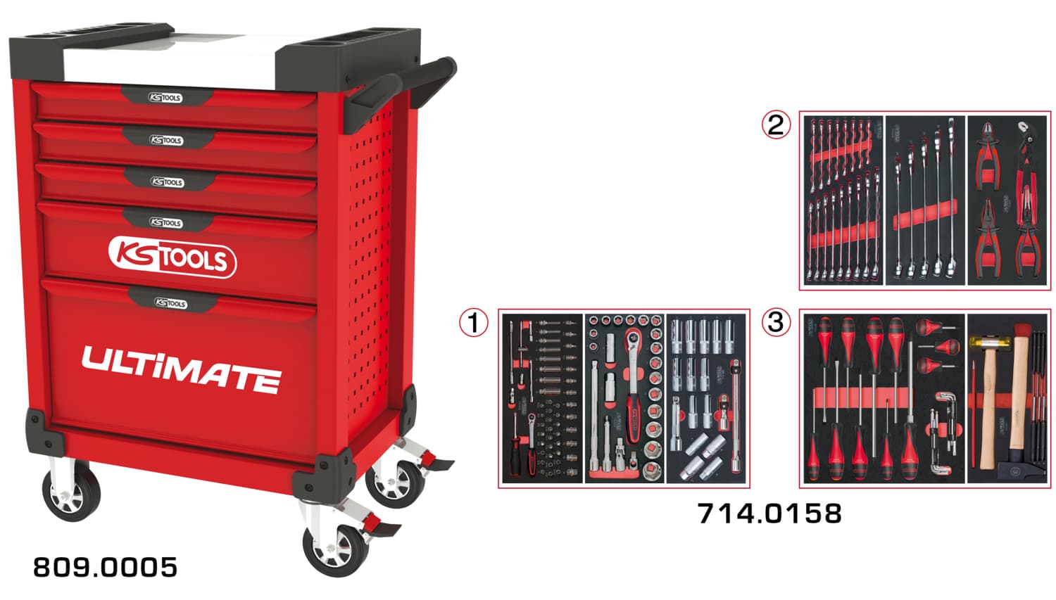 Servante ULTIMATE rouge 5 tiroirs équipée de 158 outils