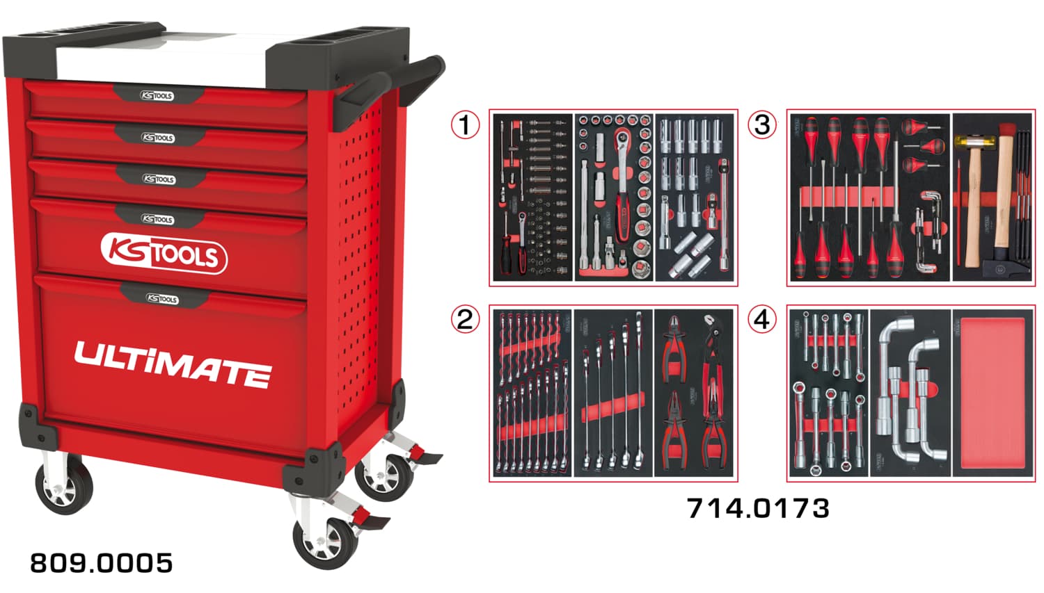 Servante ULTIMATE rouge 5 tiroirs équipée de 173 outils