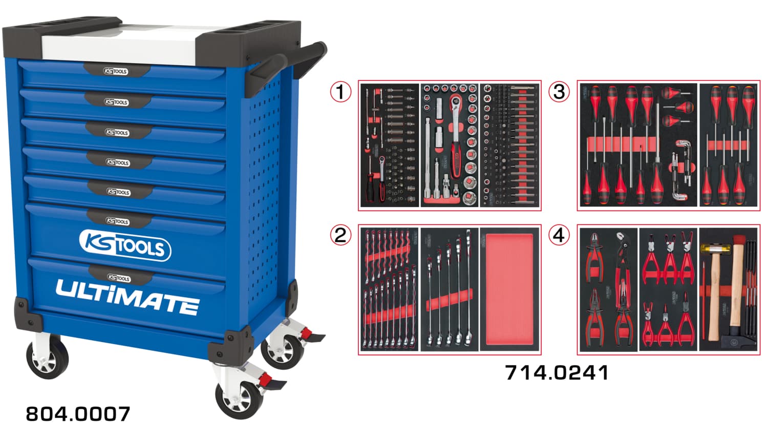 Servante ULTIMATE bleue 7 tiroirs équipée de 241 outils