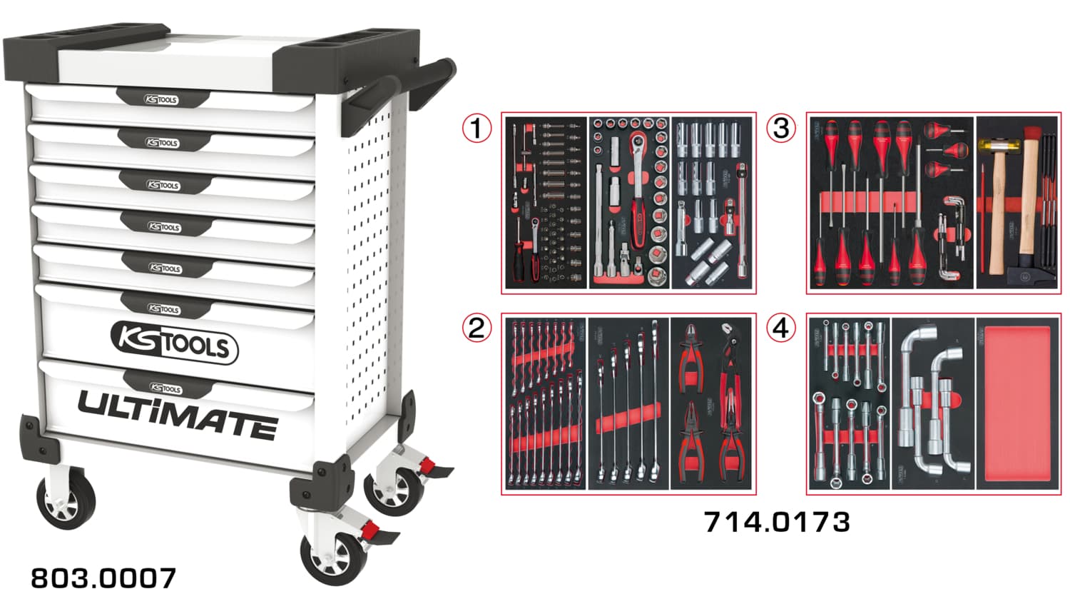 Servante ULTIMATE blanche 7 tiroirs équipée de 173 outils