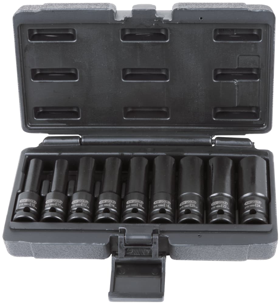 Jeu de 9 douilles à chocs TORX® 1-2''. E10-E11-E12-E14-E16-E18-E20-E24