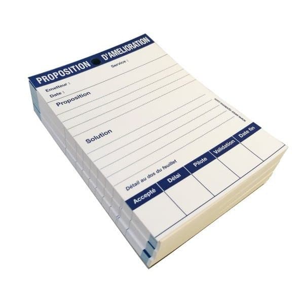 Lot de 100 fiches PROPOSITION D'AMELIORATION bleues (Anglais)