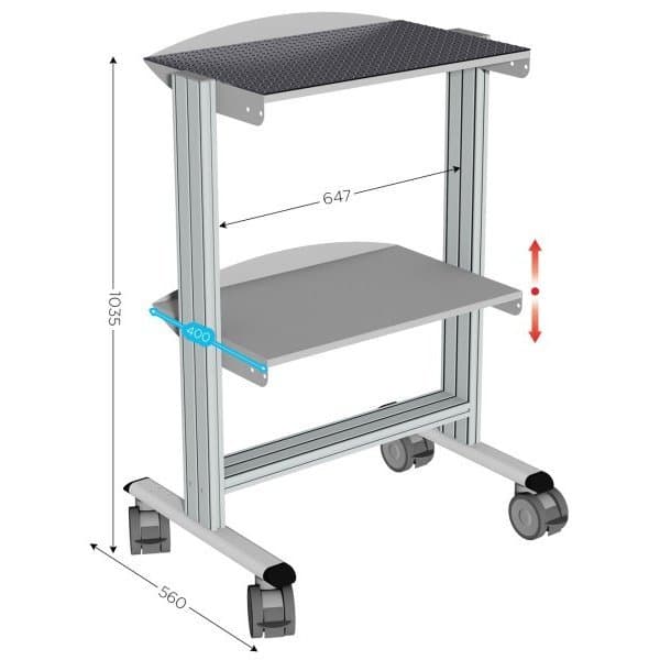 Servante mobile l 740 x P 560 x H 1035 mm de 2 niveaux avec revêtement caoutchou